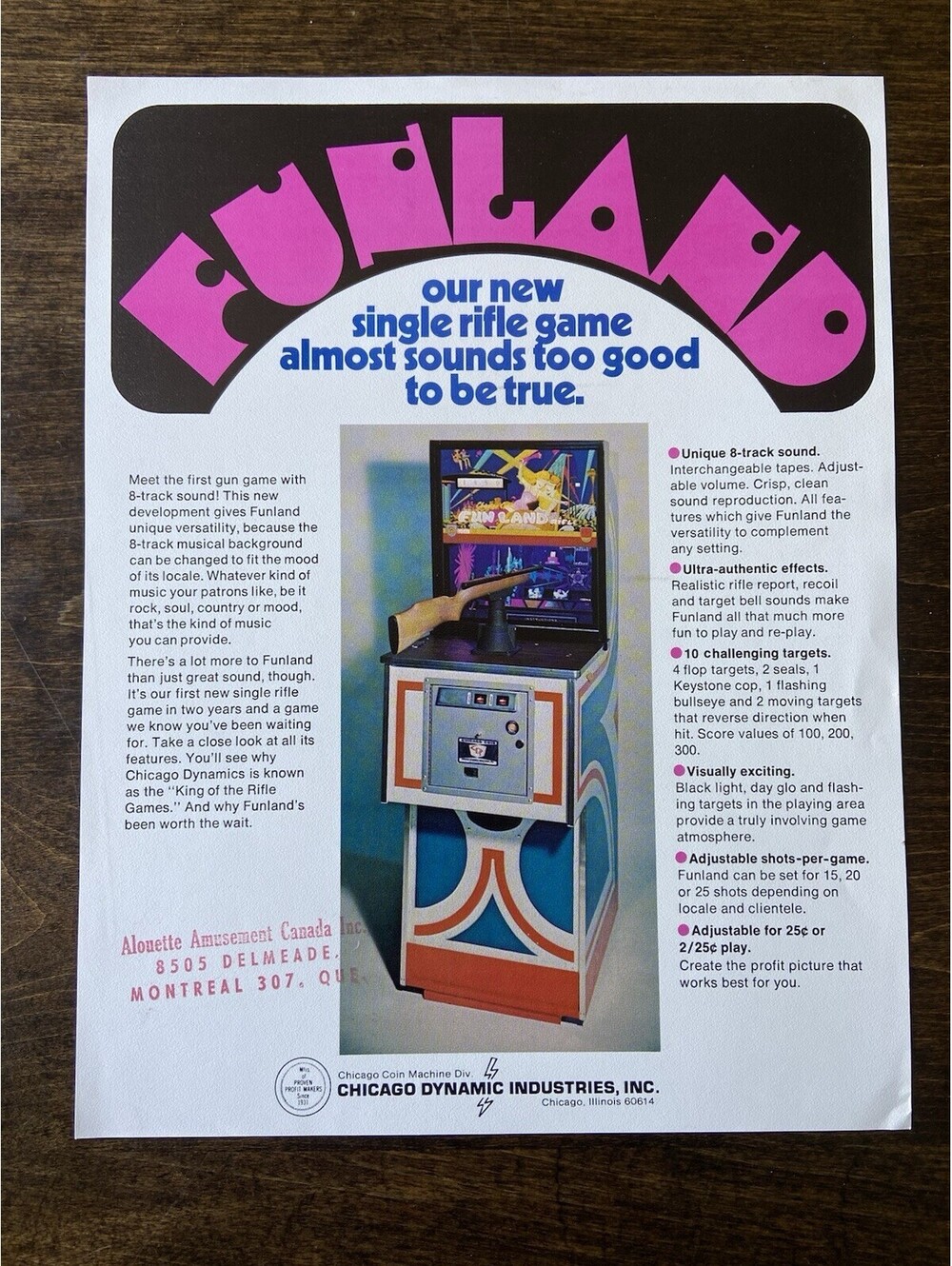 Chicago Coin Funland Arcade Pinball FLYER Original Ad Promo Poster Not PCB